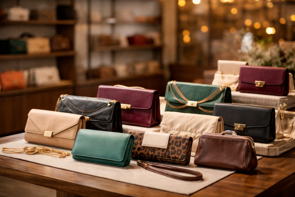 Ladies clutch bags display in Germany fashion store showing premium leather accessories
