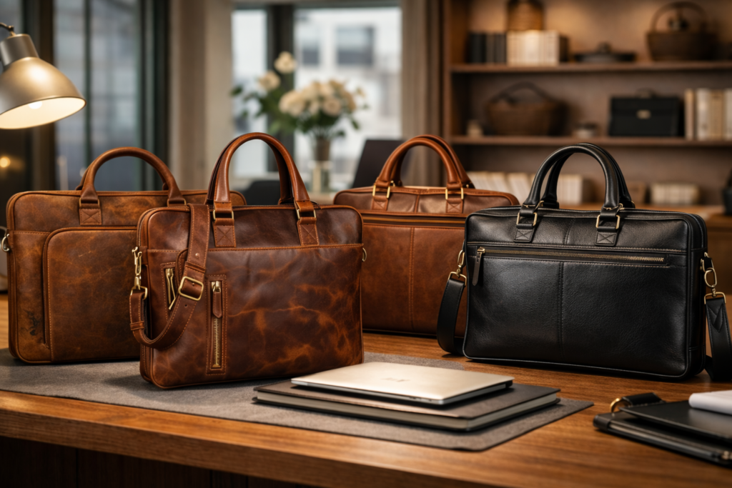 Leather laptop bags for men in Germany displayed in a professional workspace setting
