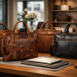Leather laptop bags for men in Germany displayed in a professional workspace setting