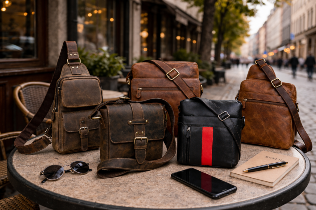 Leather sling bags in Germany styled in a modern urban lifestyle setting