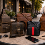 Leather sling bags in Germany styled in a modern urban lifestyle setting