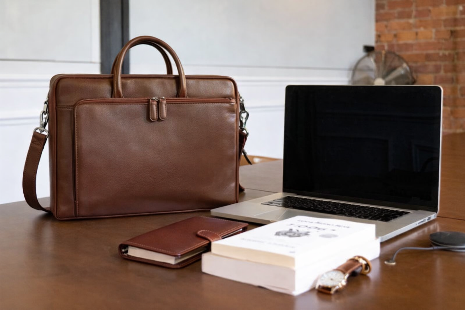 Leather bags for men in Germany displayed in a professional lifestyle setting