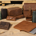 Leather card holders in Germany displayed in a modern minimalist setting