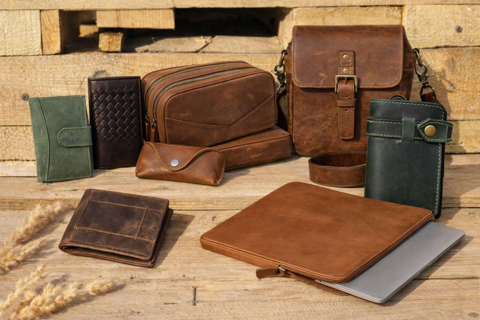 Leather card holders in Germany displayed in a modern minimalist setting