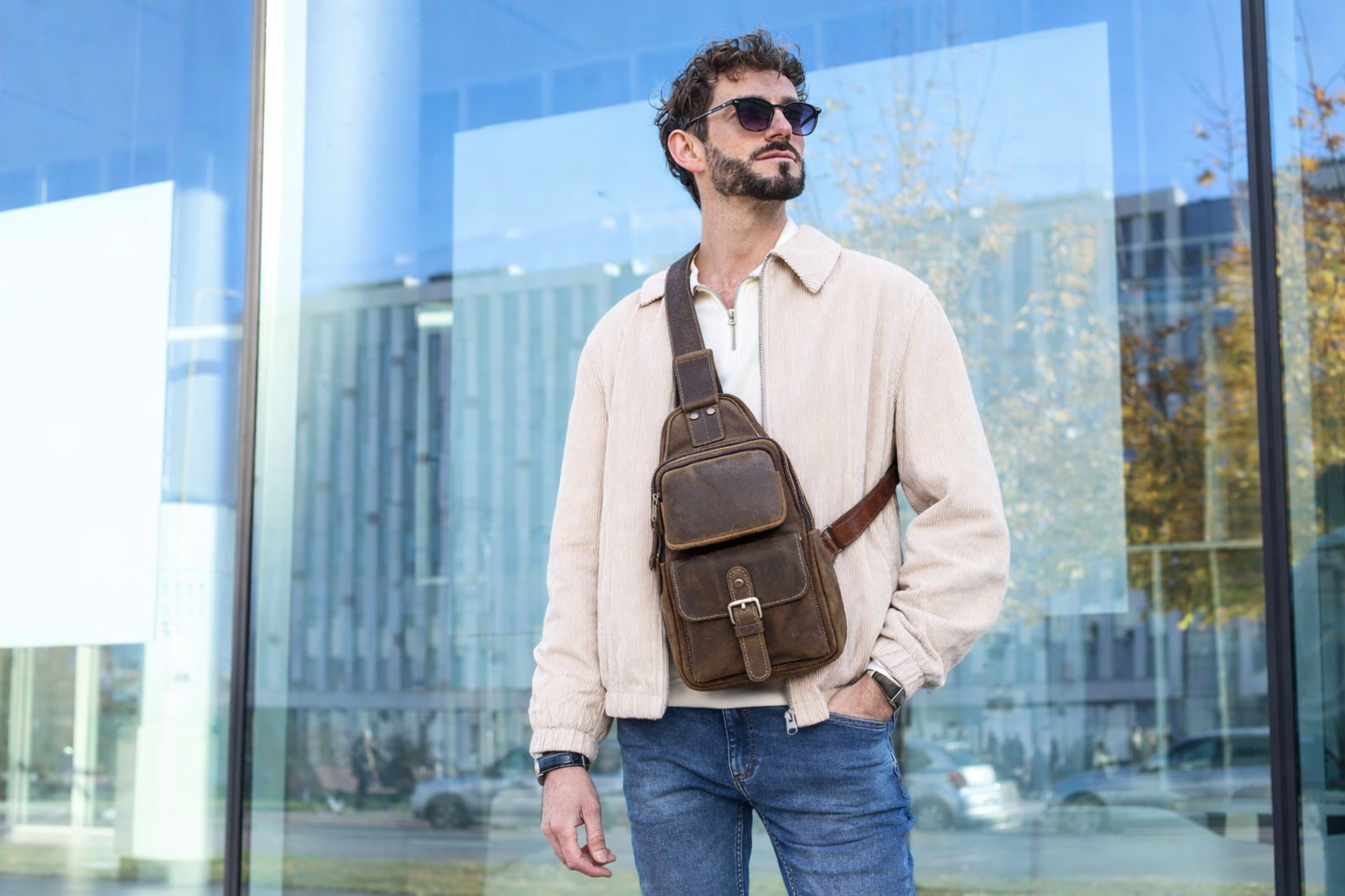 Leather chest bag in Germany styled in a modern urban lifestyle setting