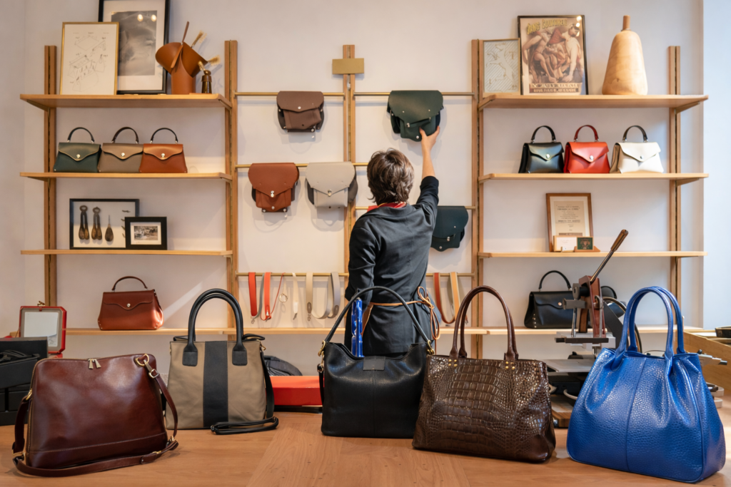 Leather handbags in Germany displayed in a modern boutique lifestyle setting