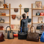 Leather handbags in Germany displayed in a modern boutique lifestyle setting