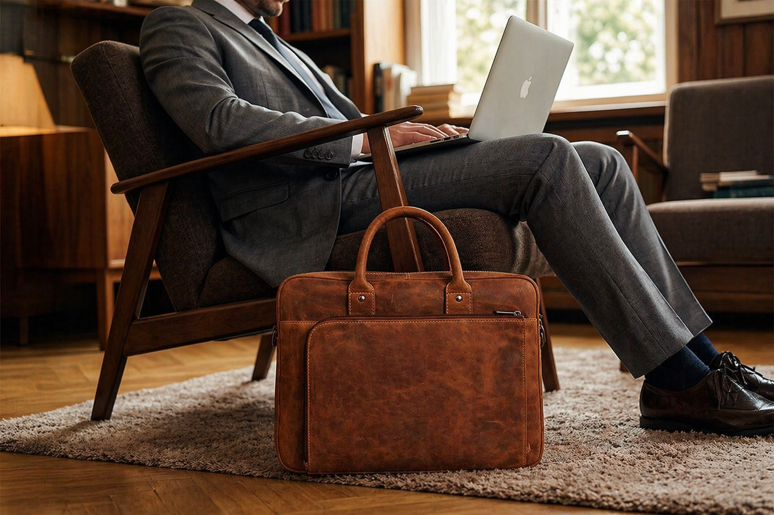 Leather laptop bags in Germany displayed in a professional workspace setting