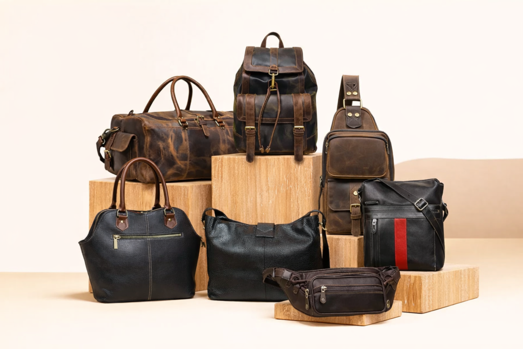Premium leather goods in Germany displayed in a modern boutique setting