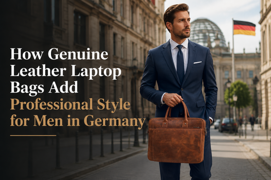 Leather laptop bags for men in Germany displayed in a professional office setting