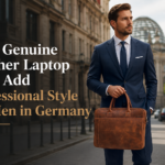 Leather laptop bags for men in Germany displayed in a professional office setting