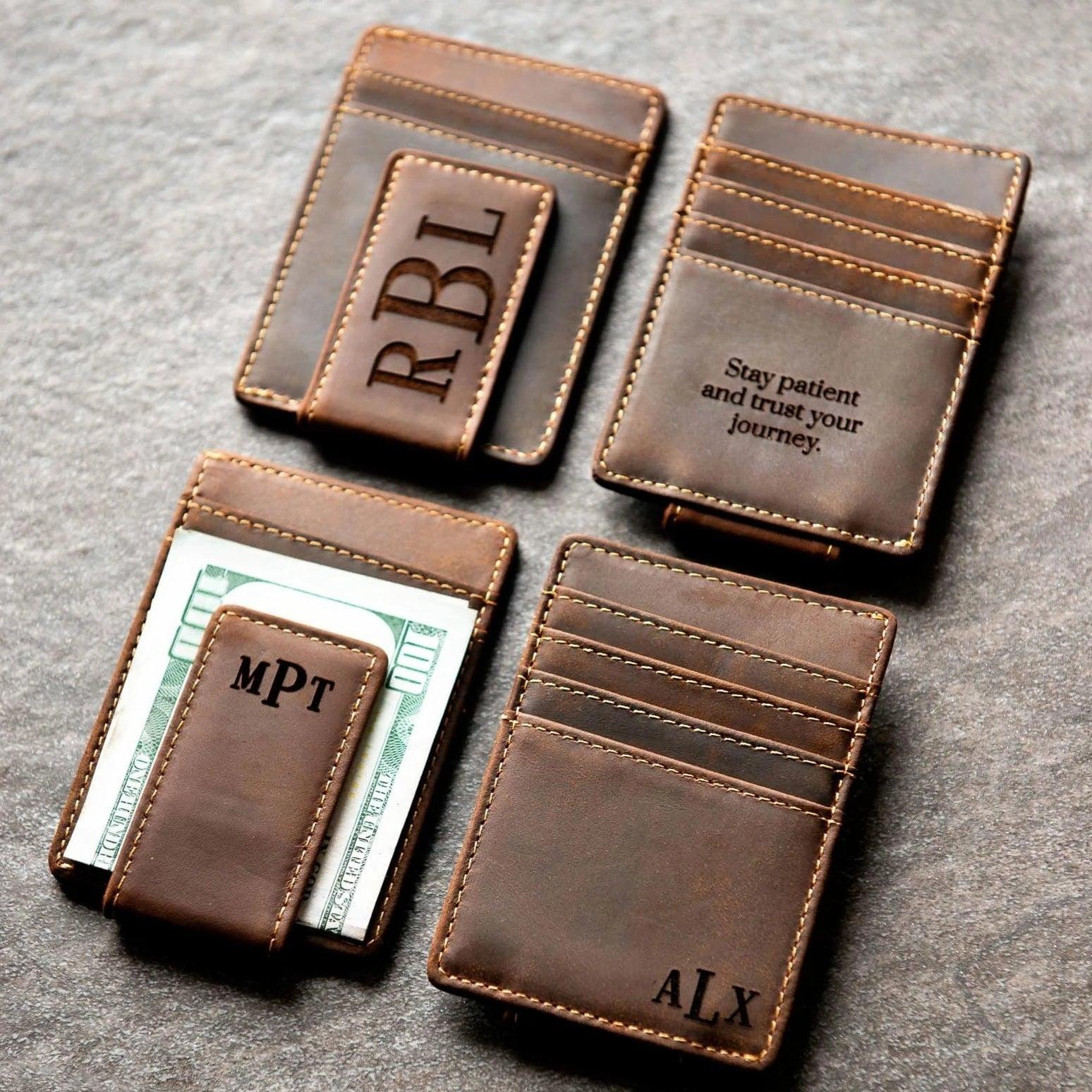 Logo engraved leather money clip in Germany with cash and cards